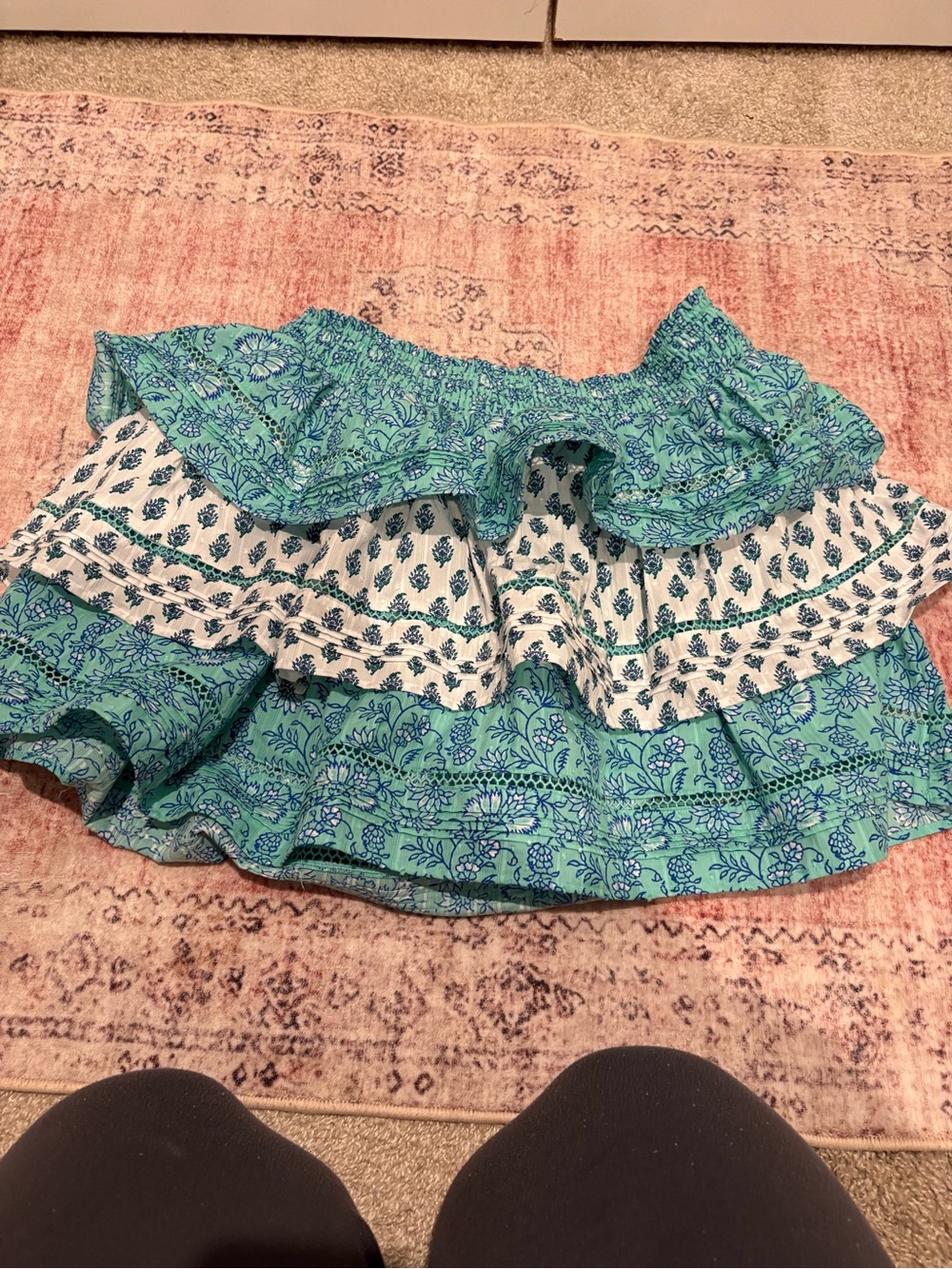 Roller Rabbit Teal and White Floral Tiered Ruffle Mini Skirt